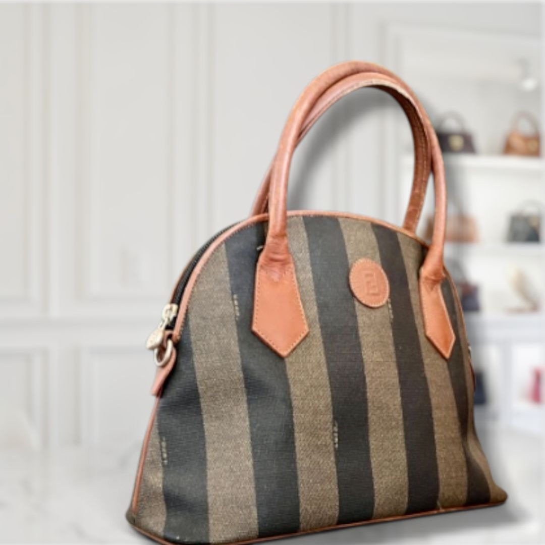 Vintage Fendi Zucca Striped Canvas & Leather Handbag