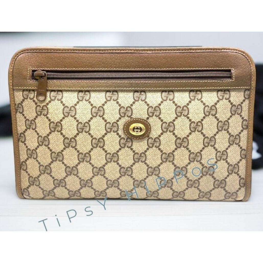 Gucci GG Supreme Monogram Brown Clutch Bag With Leather Trim - 97.01.037