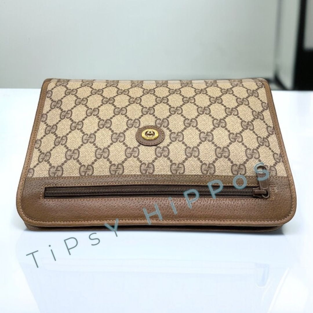 Gucci GG Supreme Monogram Brown Clutch Bag With Leather Trim - 97.01.037