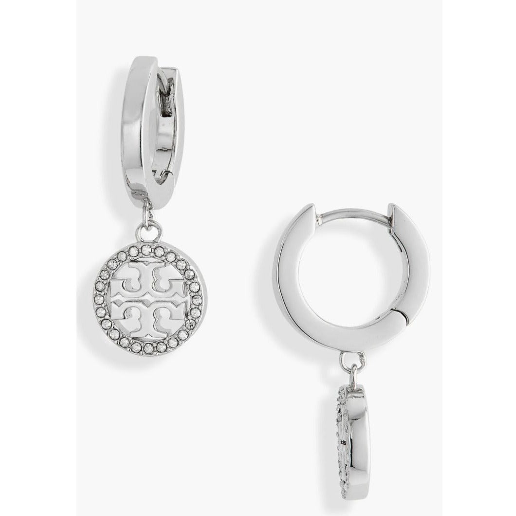 Tory Burch Silver Mille Pave Hoop/Huggie Earrings