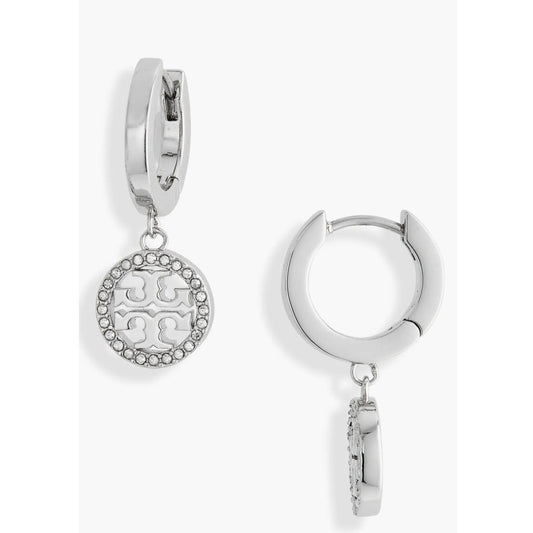 Tory Burch Silver Mille Pave Hoop/Huggie Earrings