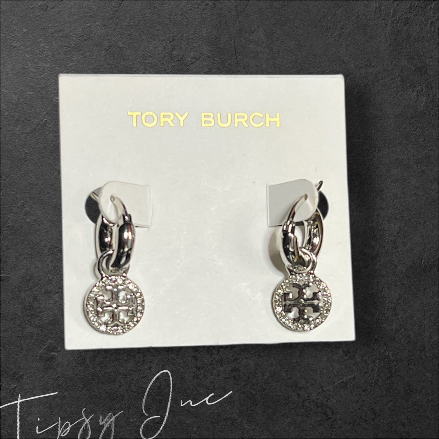 Tory Burch Silver Mille Pave Hoop/Huggie Earrings