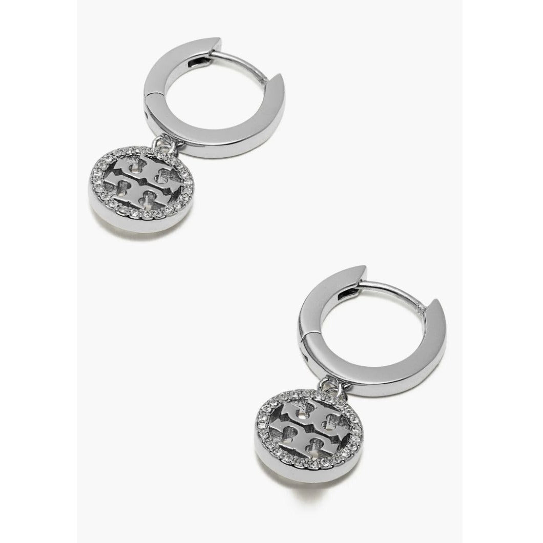 Tory Burch Silver Mille Pave Hoop/Huggie Earrings