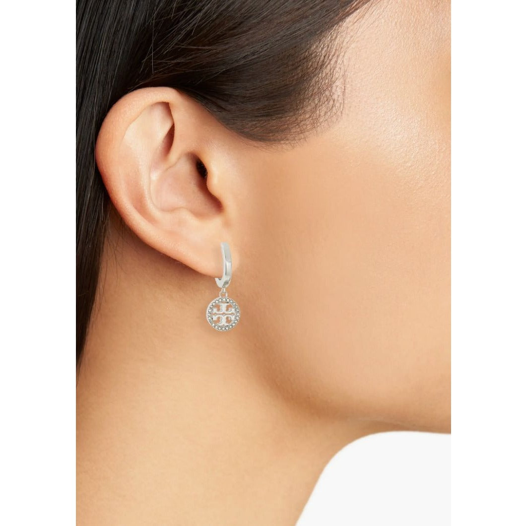 Tory Burch Silver Mille Pave Hoop/Huggie Earrings