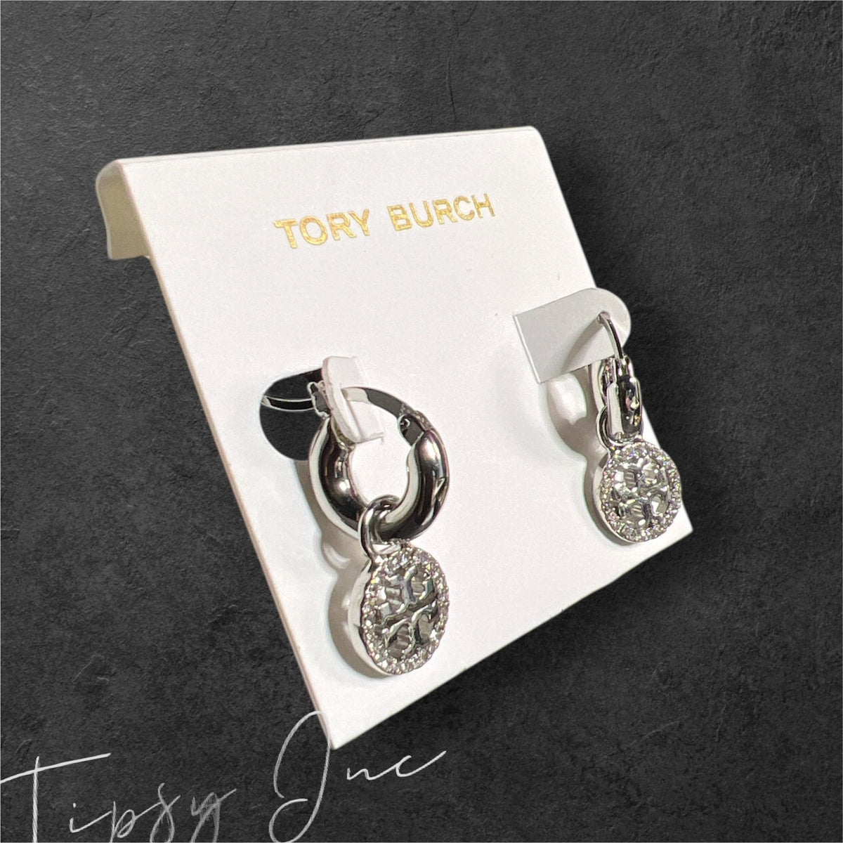 Tory Burch Silver Mille Pave Hoop/Huggie Earrings